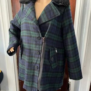 Steve Madden Green and Blue Pea Coat with Stylish Lapel and Modern Zipper